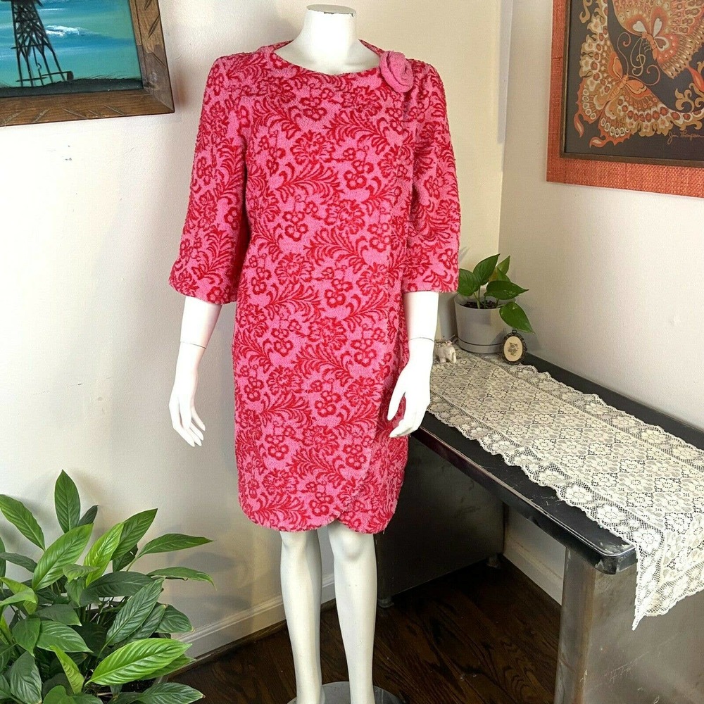 Vintage 60s 70s Pink Floral Flocked Terry Cloth Cover-up Mini Shift Dress Coat